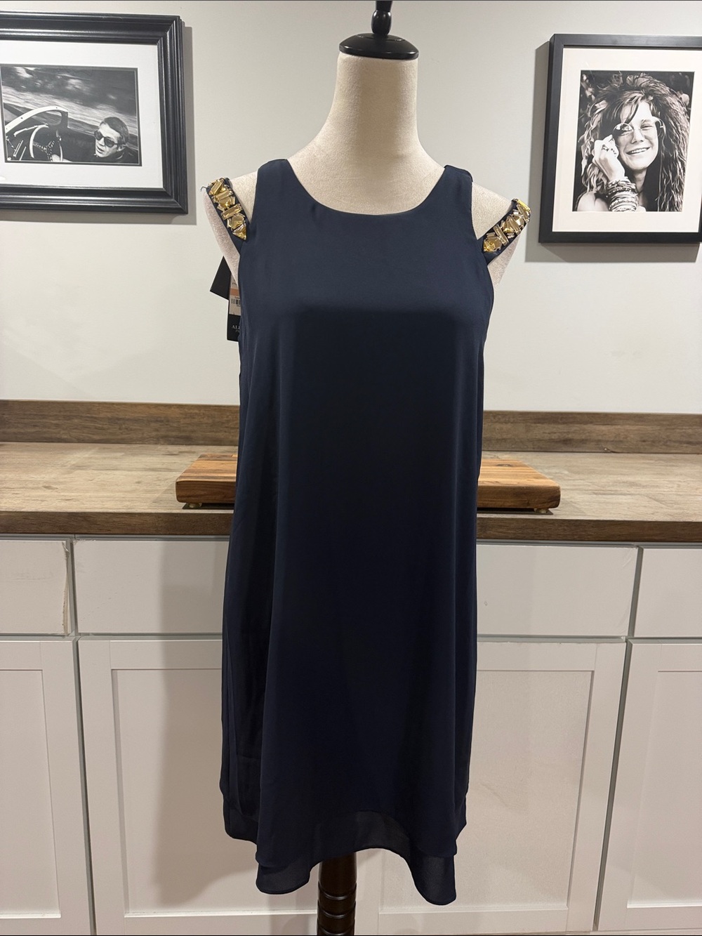 Alfani Navy Sleeveless Shift Dress with Gold Beaded Straps size 2
